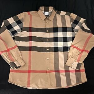 Burberry Tan and Red Plaid Button Down Shirt